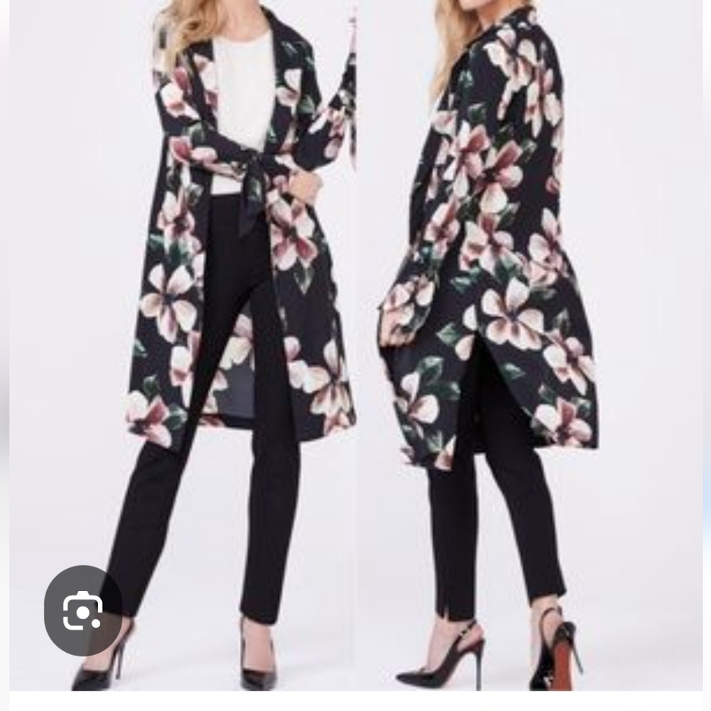 Floral Longline Open Cardigan Sweater - Black with Pink Magnolia